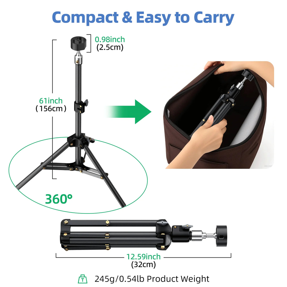 Soporte trípode portátil ajustable de 61 pulgadas y giro de 360 grados, junto a una bolsa marrón.