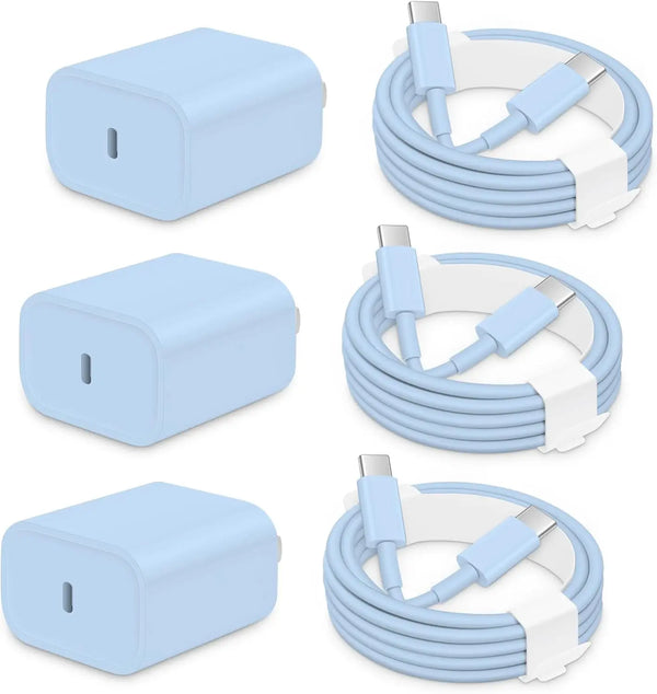 Three light blue USB-C fast charging power adapters coiled together.