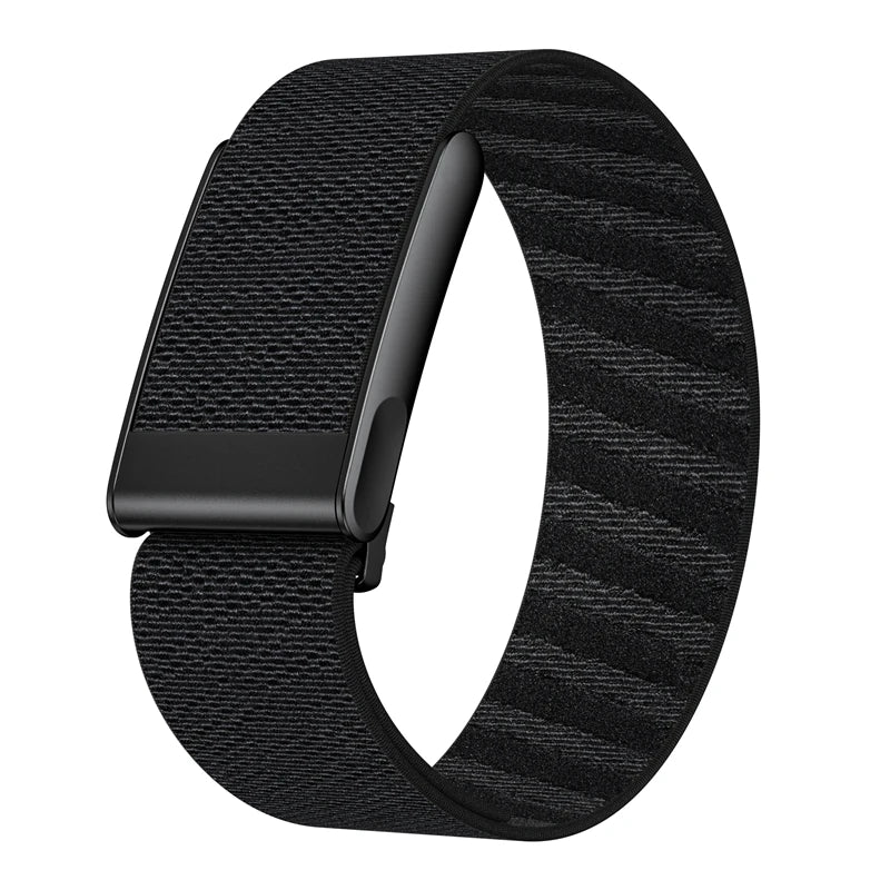Black soft nylon braided strap for a Whoop 5.0 watch band shown on a wrist.