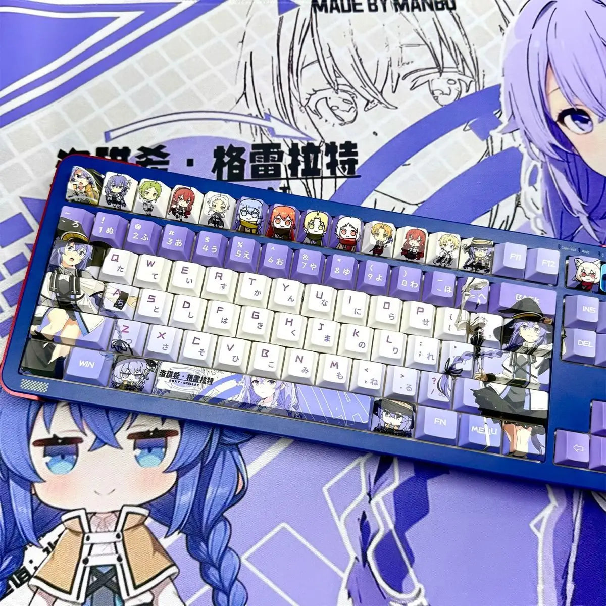A close-up of a purple and white dye-sub backlit keycap set for a mechanical keyboard featuring anime characters.