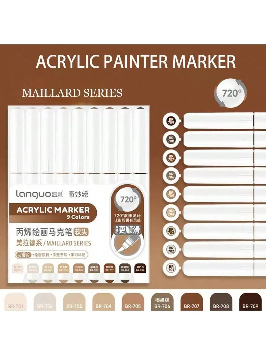 A set of 9 colors of 720 degree acrylic paint markers from the Maillard series for drawing and art