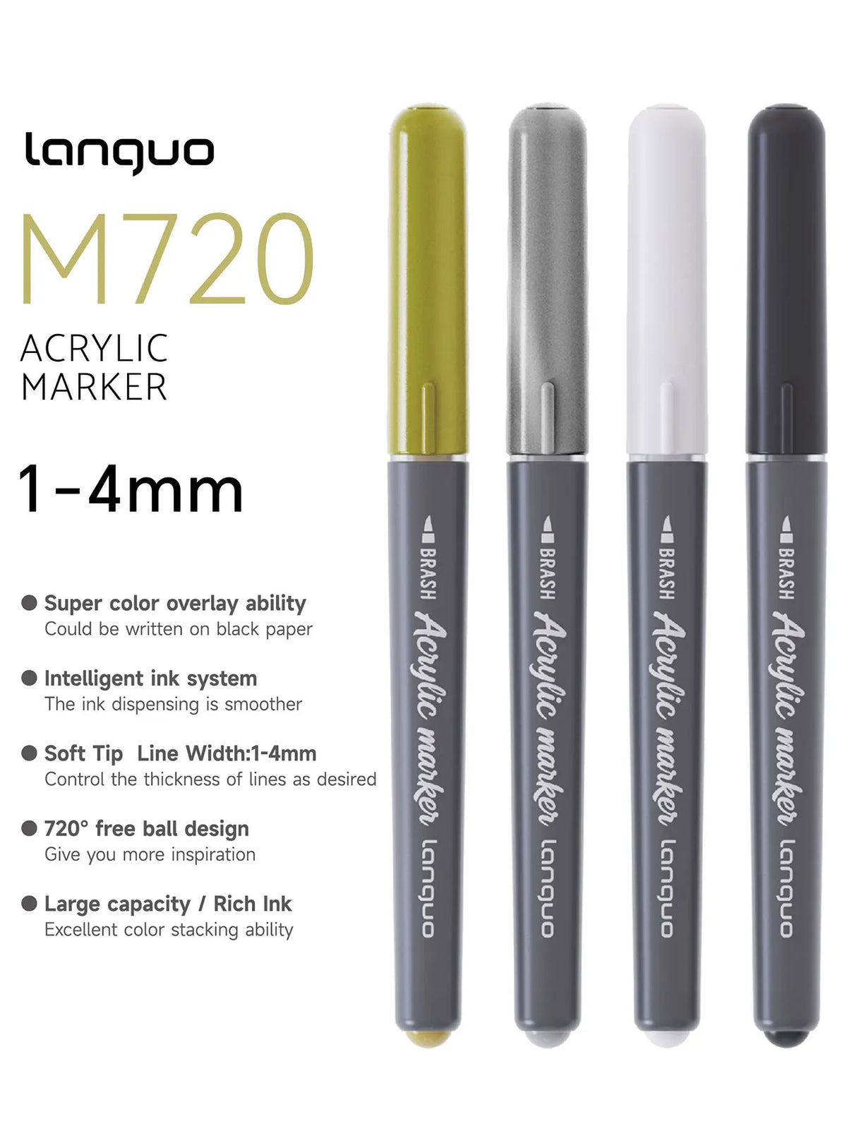 A set of Languo M720 acrylic marker pens in various colors, showing the product packaging and individual markers.