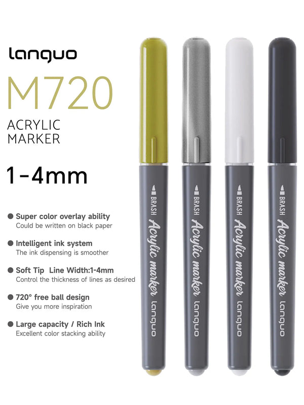 A set of Languo M720 acrylic marker pens in various colors, showing the product packaging and individual markers.