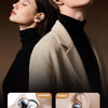 A close-up of a woman and man wearing open ear clip Bluetooth earbuds with charging cases