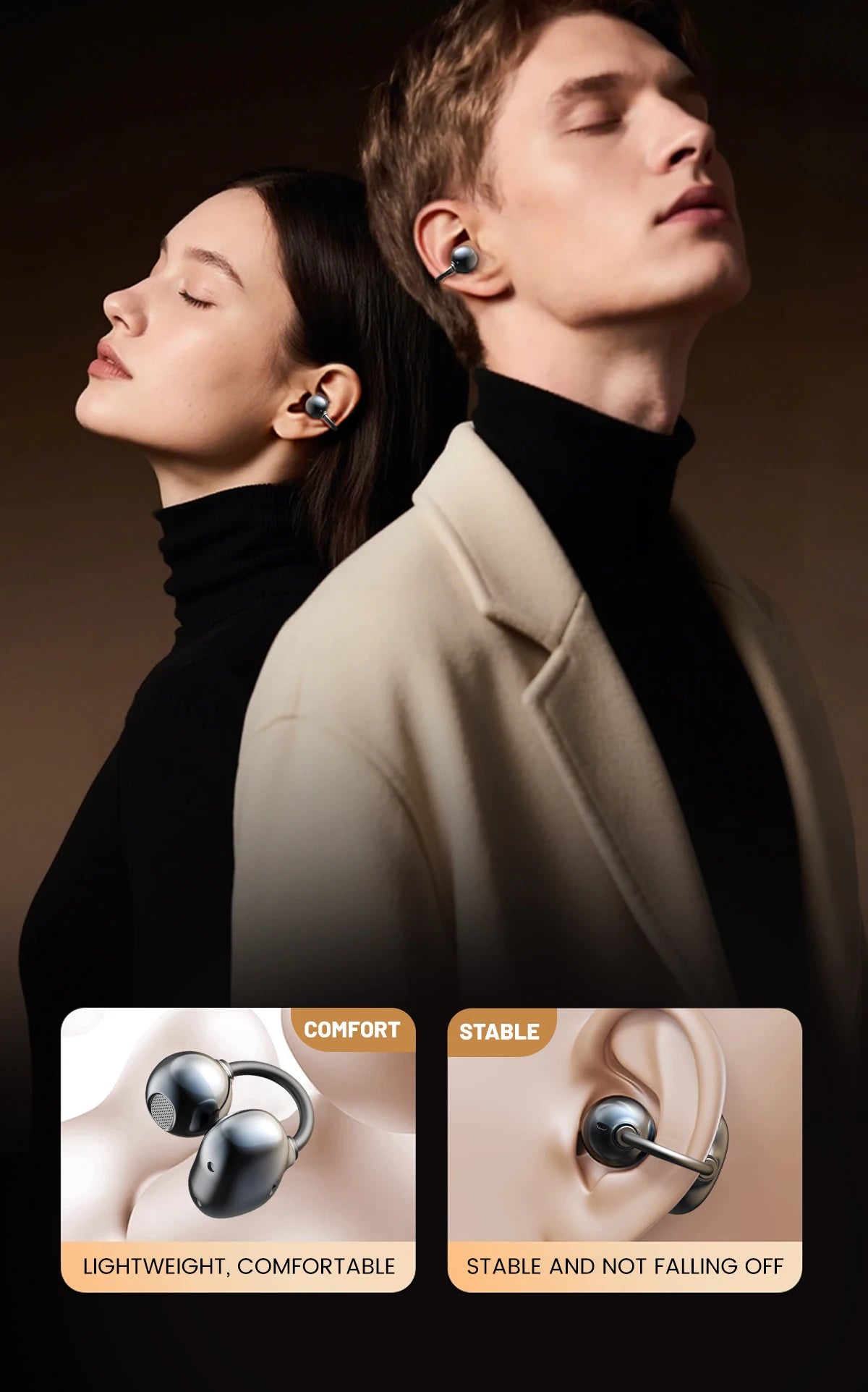 A close-up of a woman and man wearing open ear clip Bluetooth earbuds with charging cases