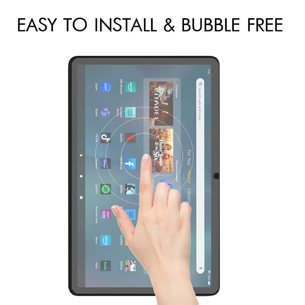 A hand is installing a bubble-free tempered glass screen protector on an Amazon Fire HD tablet.
