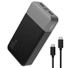 A black 35W fast charging power bank with an LED display is shown from a top-down angle.
