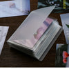 A stack of translucent photo storage booklets with pink and white designs resting on a dark wooden surface.