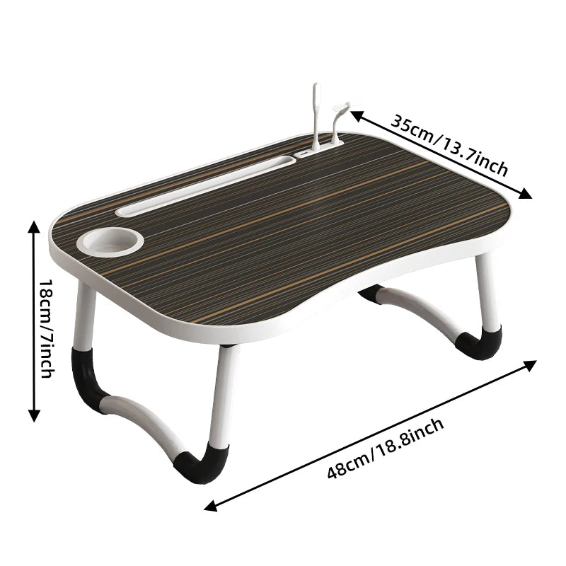 A wooden laptop desk organizer tray with a white frame and a small cup holder.