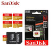 Sandisk Extreme memory card packaging showing various storage capacities and an adapter.