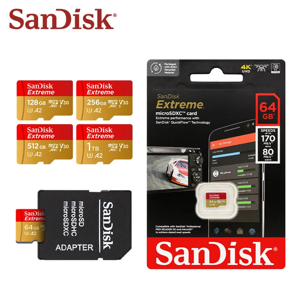 Empaque de tarjeta de memoria Sandisk Extreme mostrando diversas capacidades de almacenamiento y un adaptador.