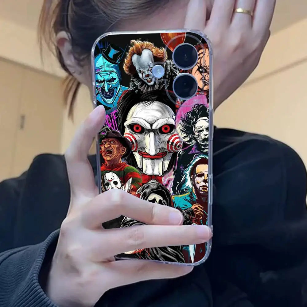 A hand holds an iPhone case featuring a collage of horror movie characters, including Michael Myers, Halloween figures, and o
