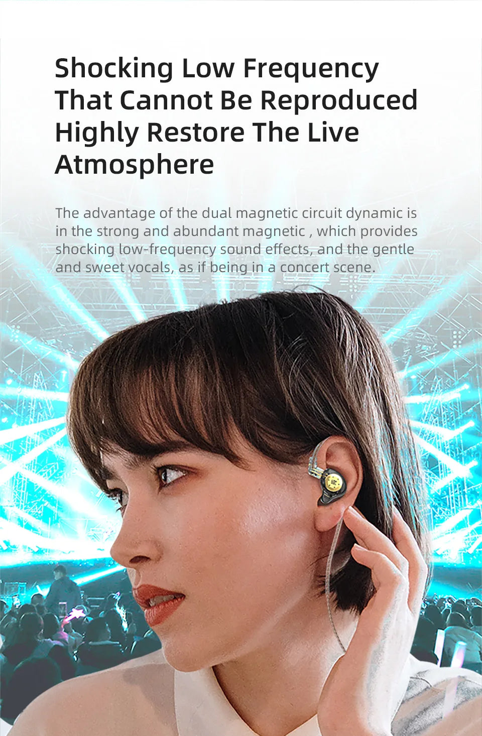 Close-up of a woman wearing KZ EDX PRO dynamic earphones, looking to the side.