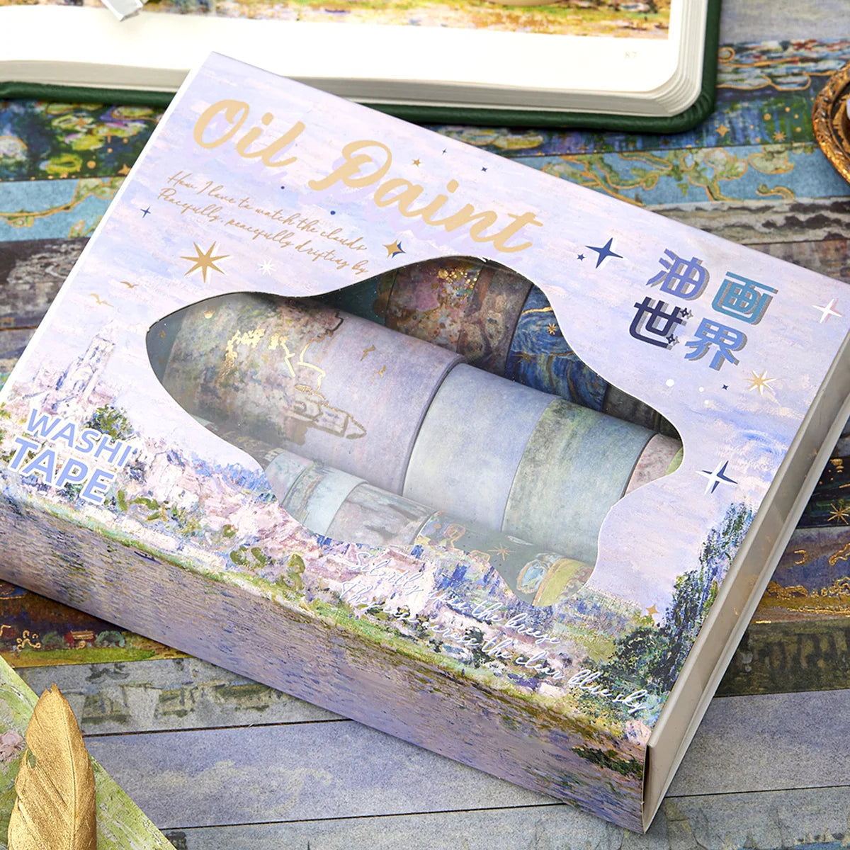 A box of oil paint featuring a depiction of a paint tube and Japanese text on the lid.