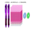 A set of 2 pens, 40 refills, and 2 erasers in various shades of pink and purple.