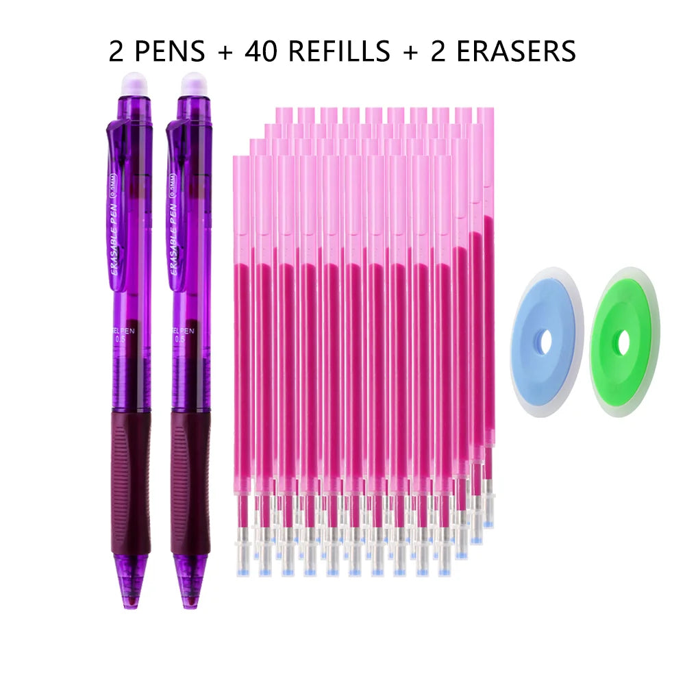A set of 2 pens, 40 refills, and 2 erasers in various shades of pink and purple.