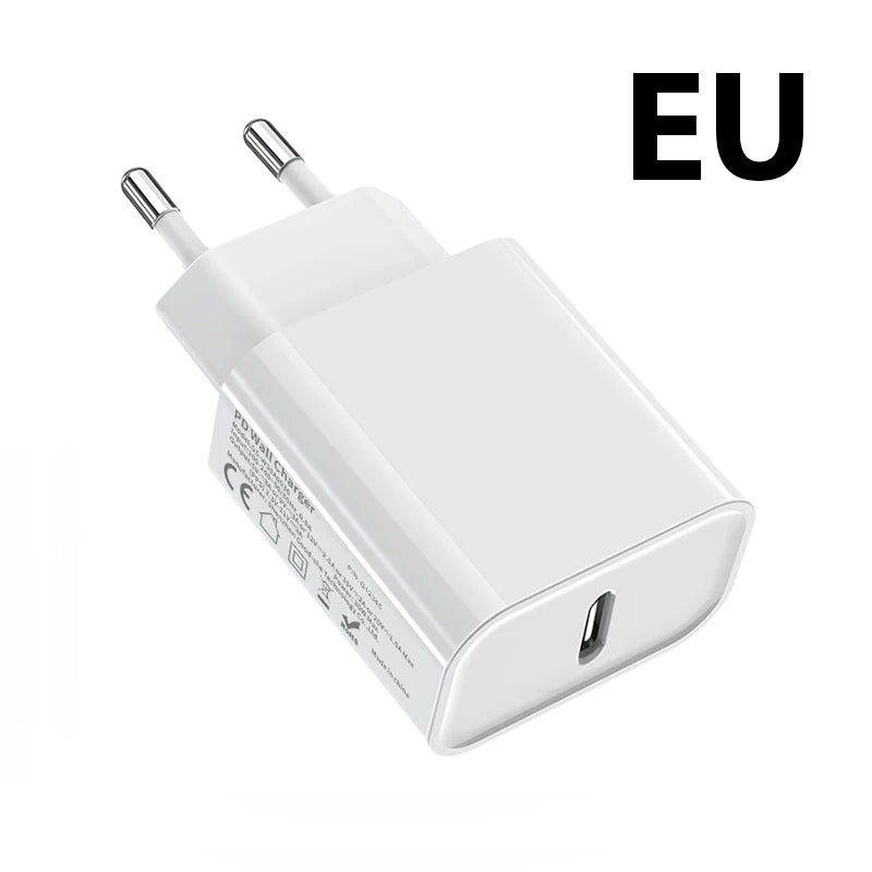 White 30W USB-C fast charger with cables for iPad and iPhone.