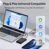 A plug and play universal compatible hard drive enclosure shown next to various devices including a laptop, smartphone, and t