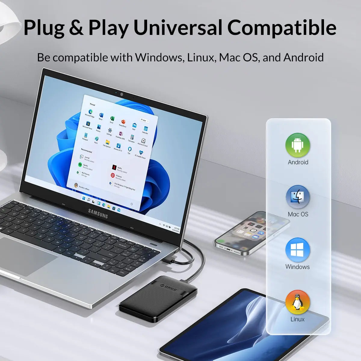 A plug and play universal compatible hard drive enclosure shown next to various devices including a laptop, smartphone, and t