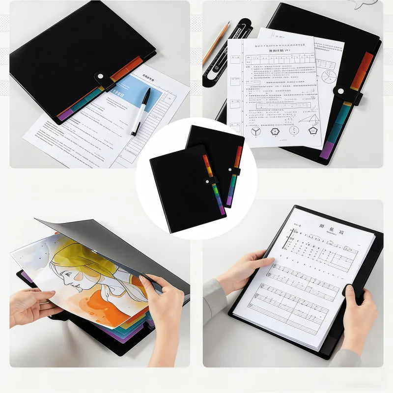 A set of black A4 7-pocket expanding file folders used for organizing documents and papers.