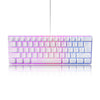 A close-up of a compact wired keyboard with white and purple RGB backlit keys, shown from above.
