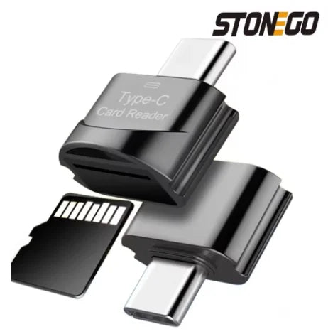 A black Type-C card reader device for reading Micro-SD cards.