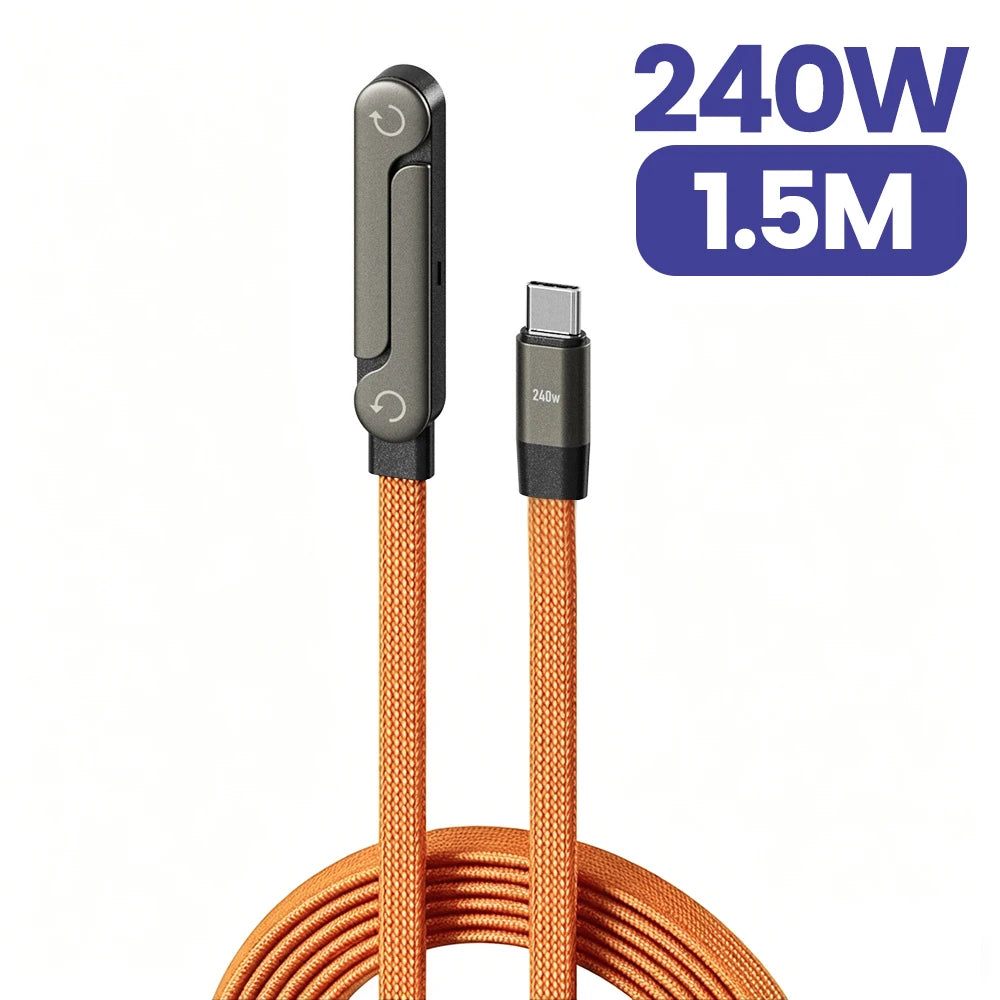 A close-up view of an orange USB cable with a black connector and a gray charging plug.