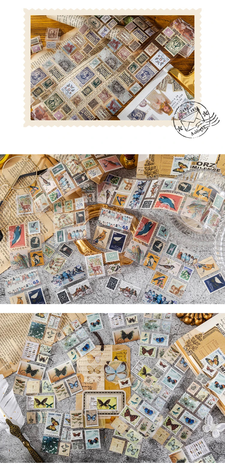 A collection of vintage stamp tape stickers and small paper stamps for scrapbooking