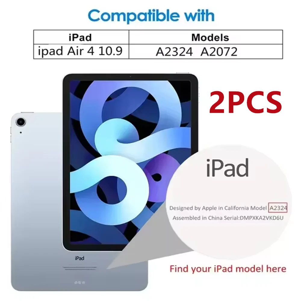 A package showing a 2PCS tempered glass screen protector for iPad models A2324 and A2072.