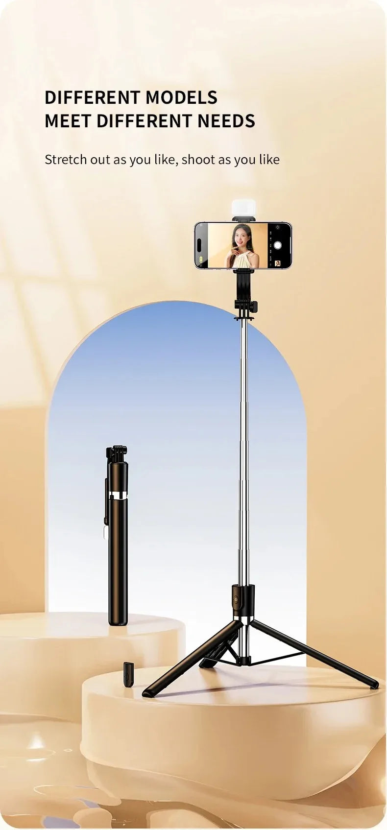 An ultra-long selfie stick with a smartphone mounted on top is displayed against a light background.
