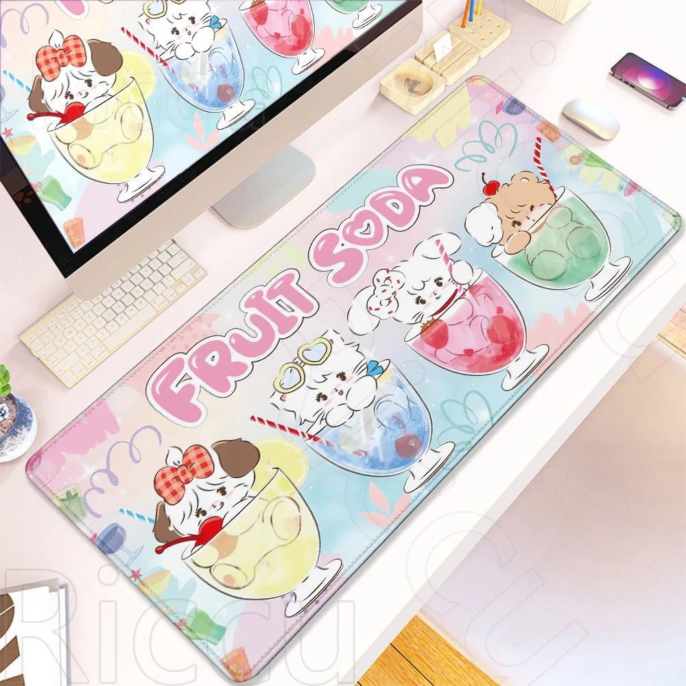 A colorful cartoon gaming desk mat featuring cute characters and fruit-themed designs.