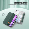 A clear protective case is shown with a phone, illustrating auto sleep and wake features.