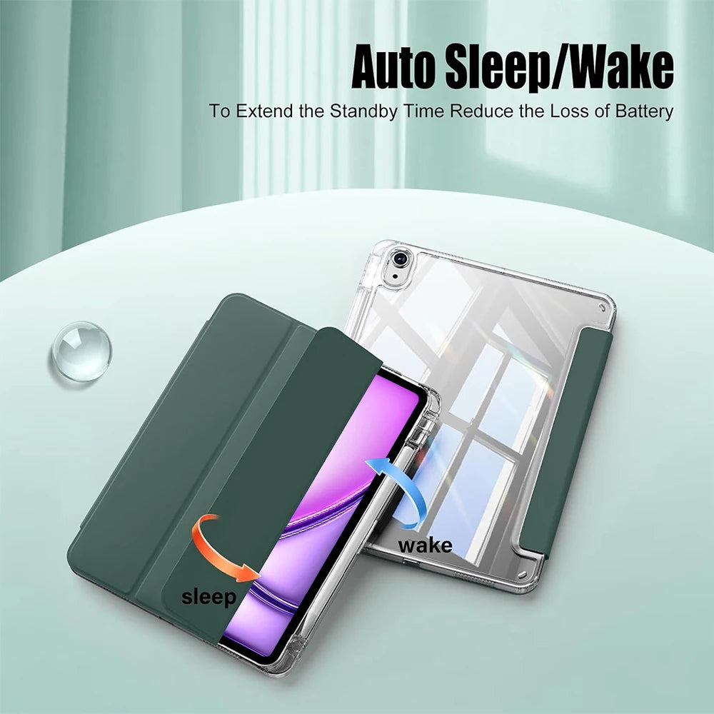 A clear protective case is shown with a phone, illustrating auto sleep and wake features.