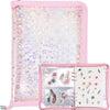 A pink A5 sticker organizer binder with clear storage pockets and a white page.