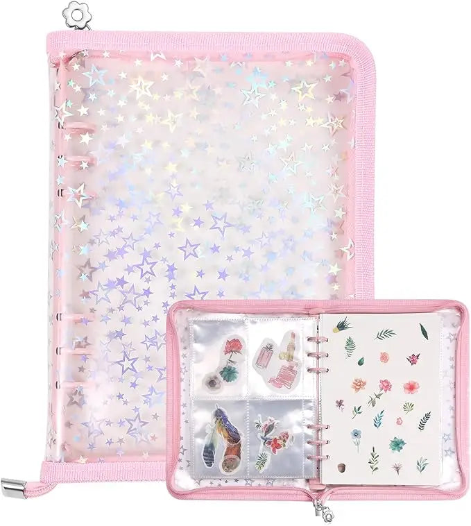A pink A5 sticker organizer binder with clear storage pockets and a white page.