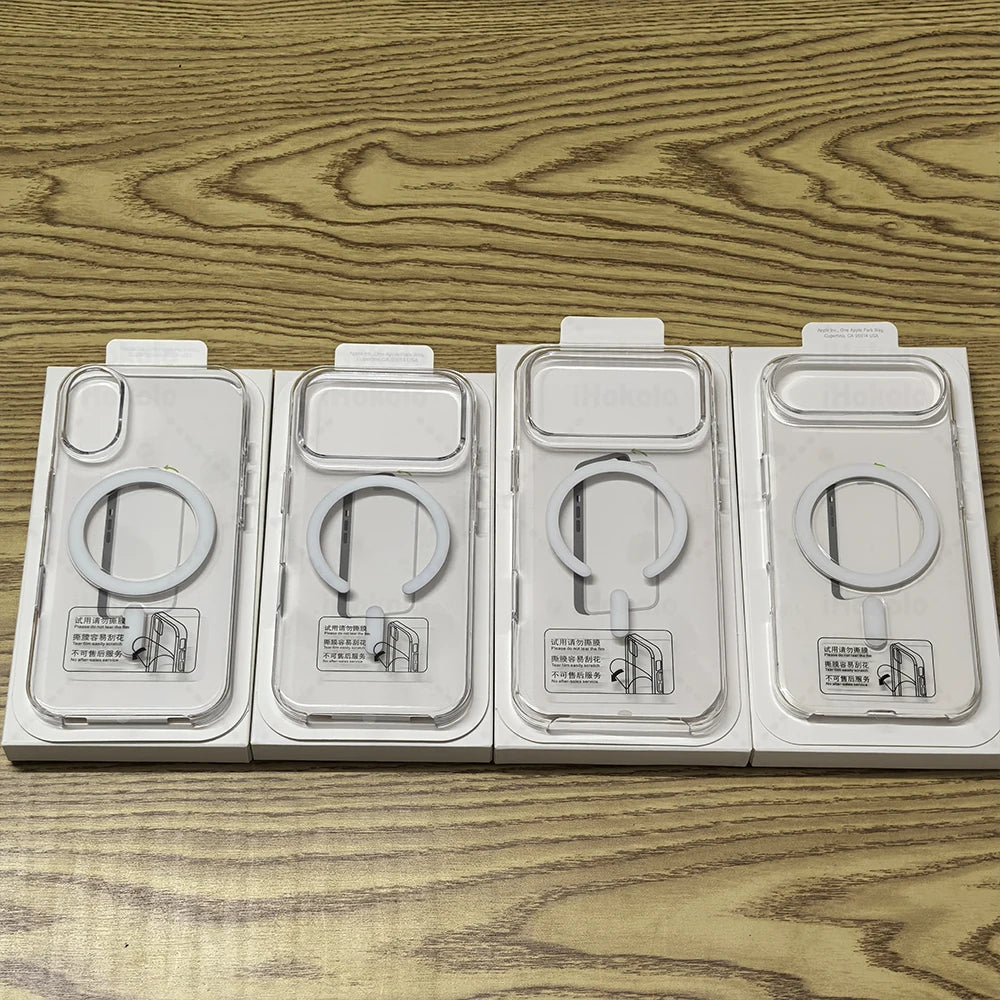 Un juego de fundas protectoras magnéticas transparentes para iPhone y iPad, exhibidas sobre una superficie de madera.