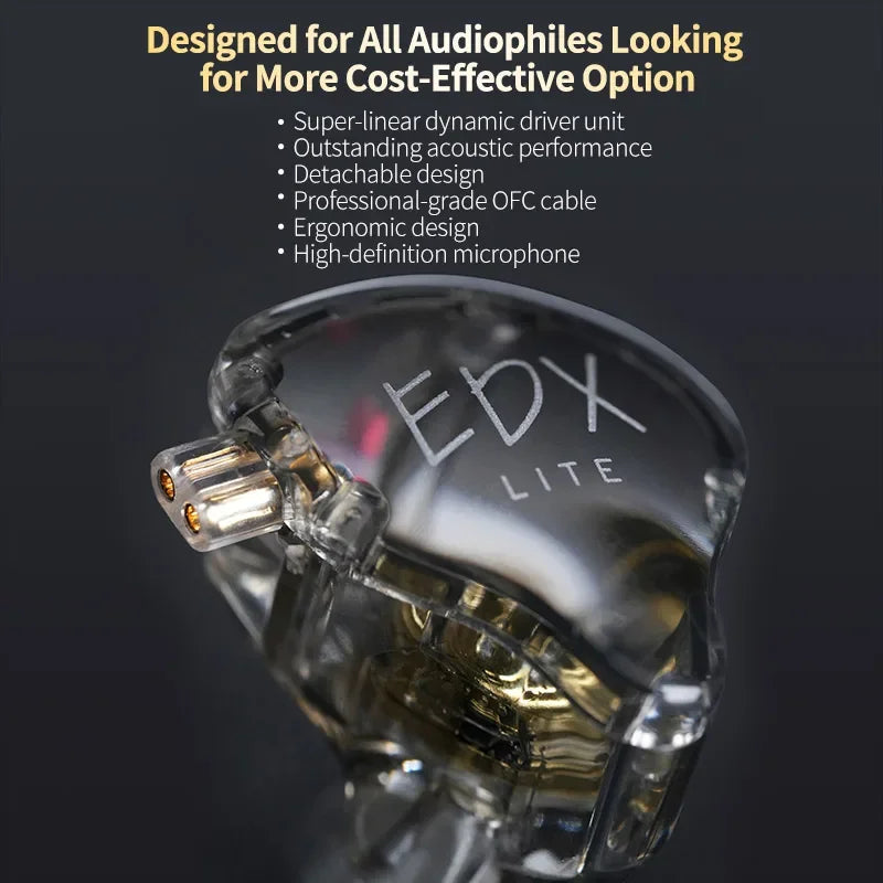 A close-up shot of clear in-ear monitors with a metallic housing and an attached cable.