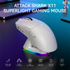 A white Attack Shark X11 superlight gaming mouse shown on a dark surface with features listed below.