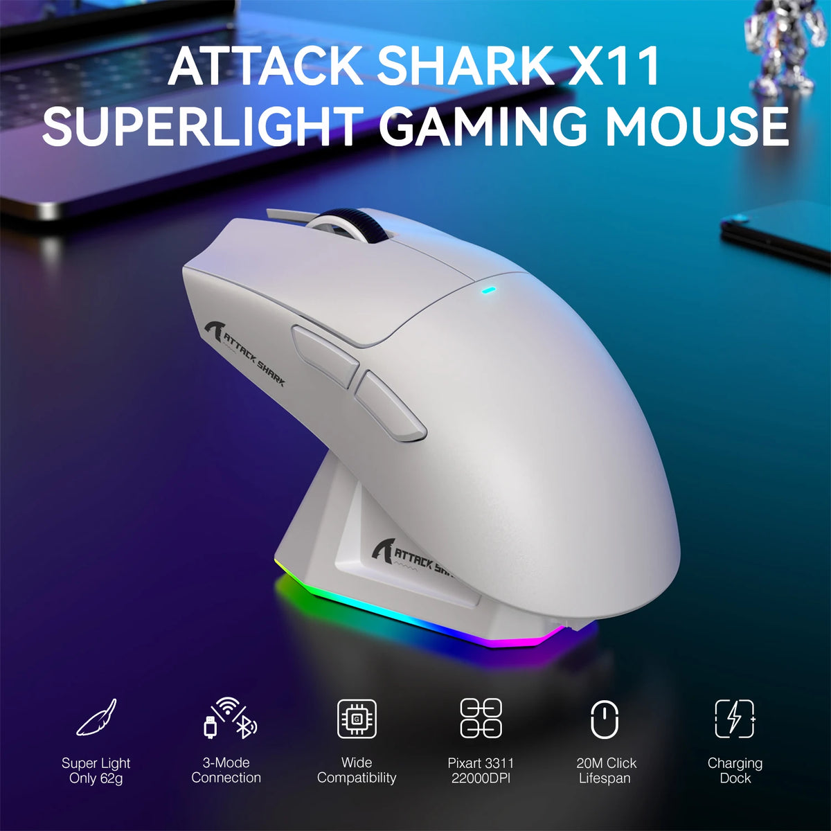 A white Attack Shark X11 superlight gaming mouse shown on a dark surface with features listed below.