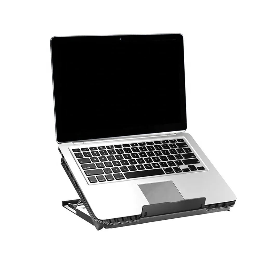 Silver laptop cooling pad with an integrated LED fan and aluminum frame.
