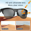 Pair of dark sunglasses demonstrating HD anti ultraviolet lens clarity for improved vision
