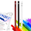 A set of three universal stylus pens in red, black, and white shown next to a tablet displaying a document.