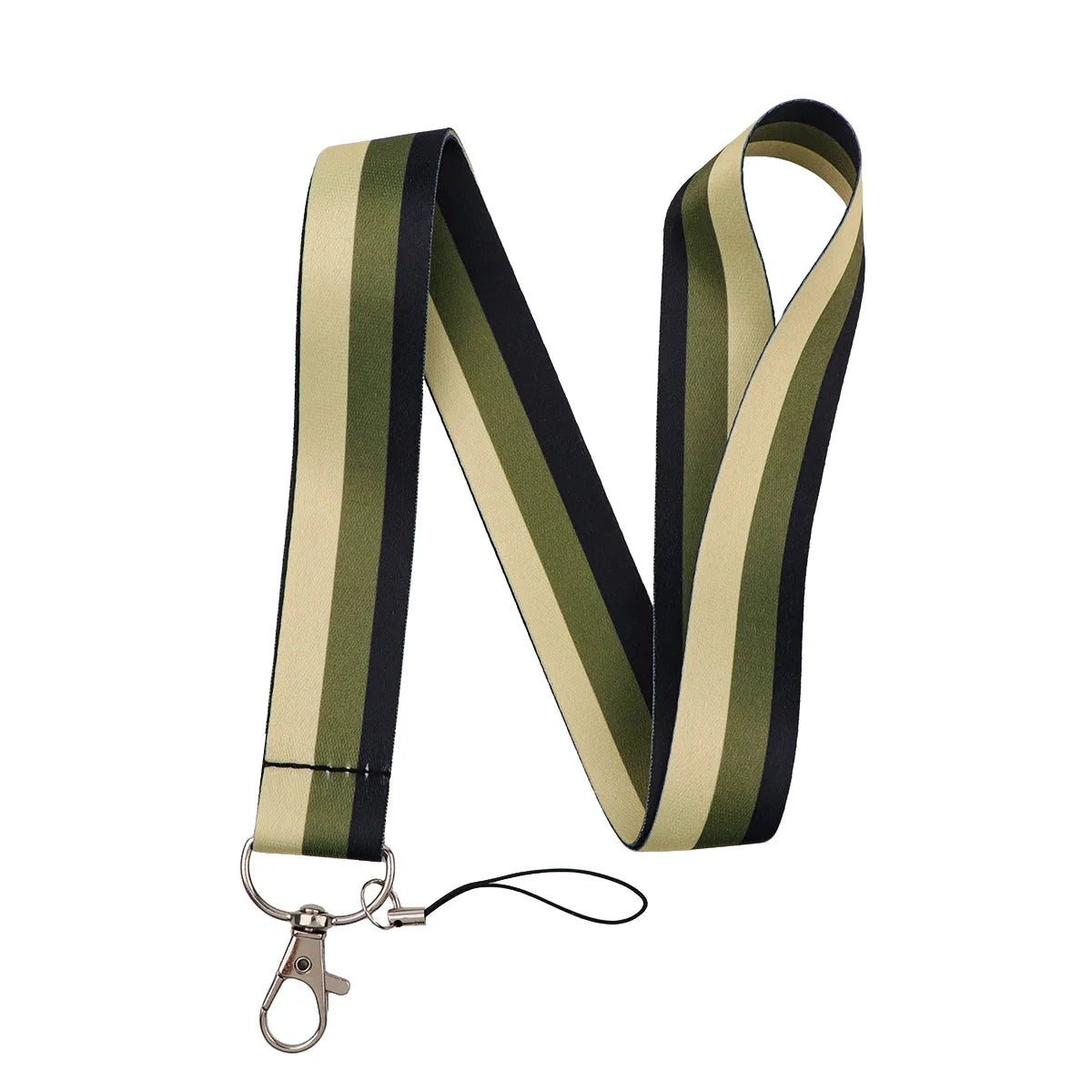 A black and olive green striped lanyard with a metal clip for an ID badge holder.