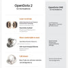 Comparison chart showing features of OpenDots 2 and OpenDots ONE ear clip headphones including sound quality, comfort, protec