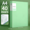 A green A4 clear book folder with 40 pockets shown next to its dimensions.