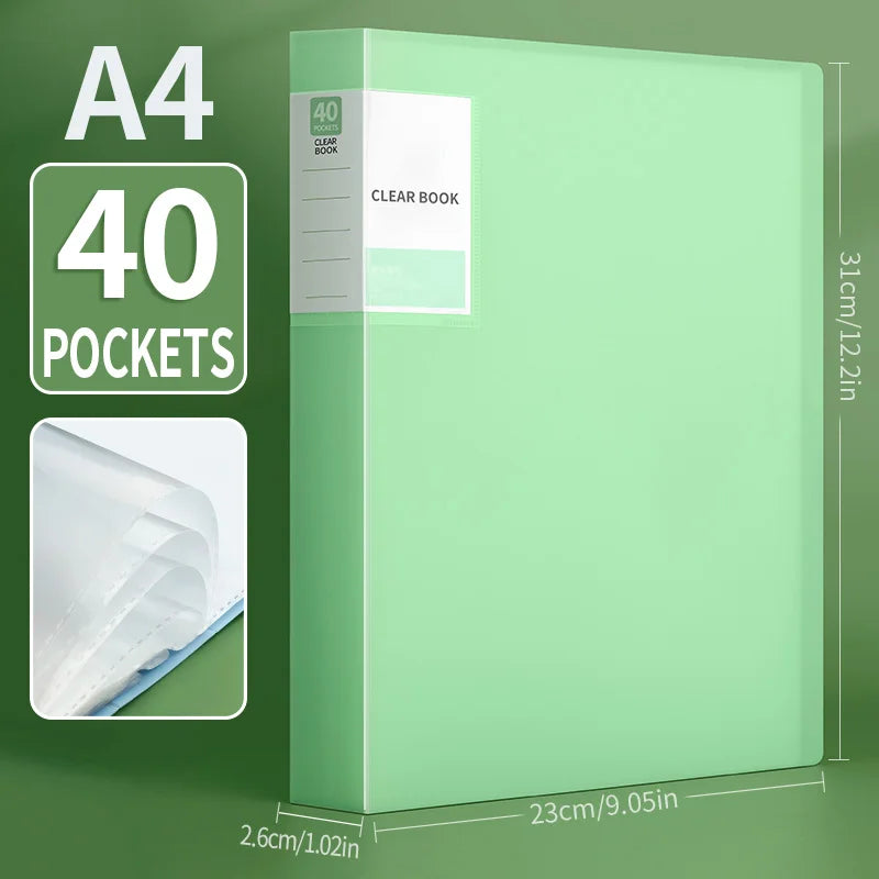 A green A4 clear book folder with 40 pockets shown next to its dimensions.
