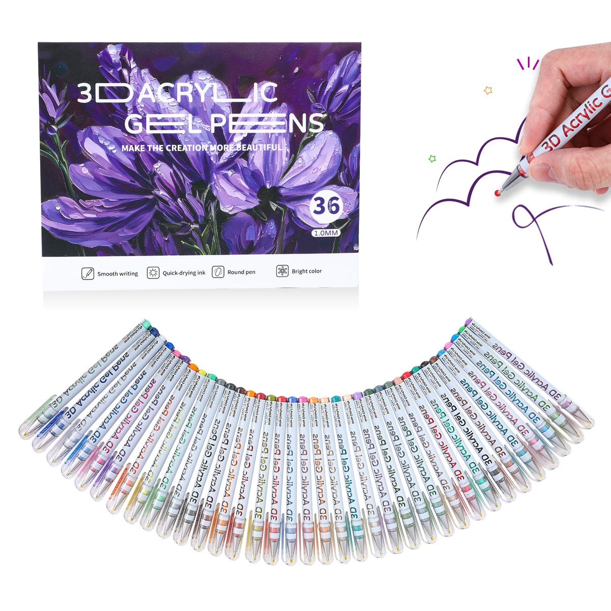 Un set de tres plumas de gel acrílico 3D en varios colores y puntas, exhibidos junto al empaque.