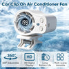 A white car clip-on air conditioner fan with a spinning blade and digital display shown against a snowy background.