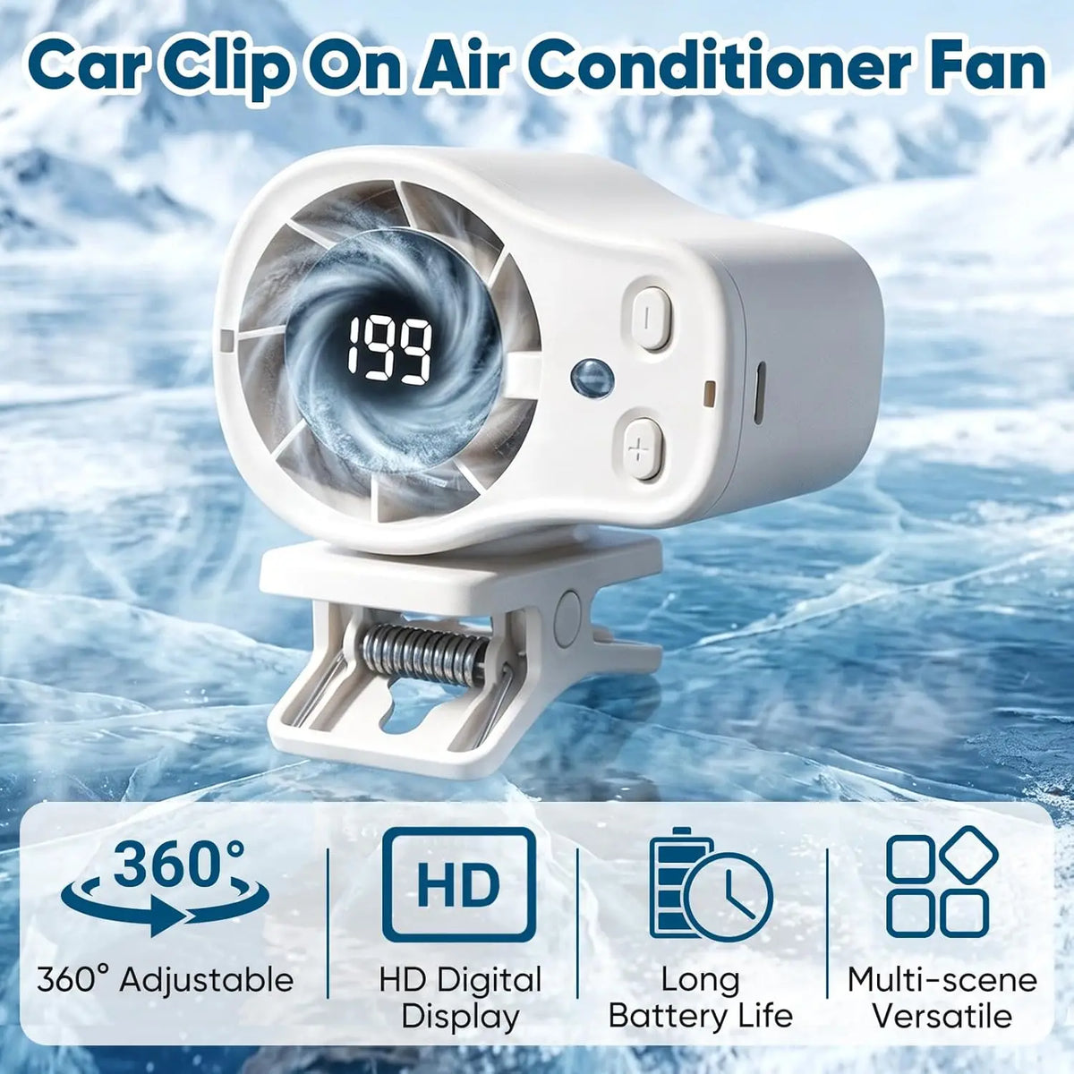 A white car clip-on air conditioner fan with a spinning blade and digital display shown against a snowy background.