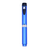 A blue reusable injection pen with a black cap and a silver band on the body.